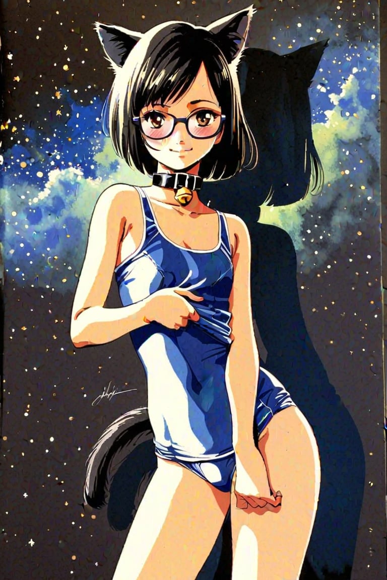 Noriko Takaya, Top quality, highly detailed illustrations, masterpiece, (cowboy shot:1.2), 1 girl, solo, retro art style, brown eyes, (black hair:1.5), (glasses:1.5), (deep side part), (short hair), looking at viewer, smiling, (adjusting swimsuit),(school swimsuit), (flat chest, blush:1.3), (cat ears, cat tail, black collar, neck bell, black pawpads), black kneehighs, traditional media, watercolor (medium), Dramatic shadows, dynamic angles, background, night sky, milky way