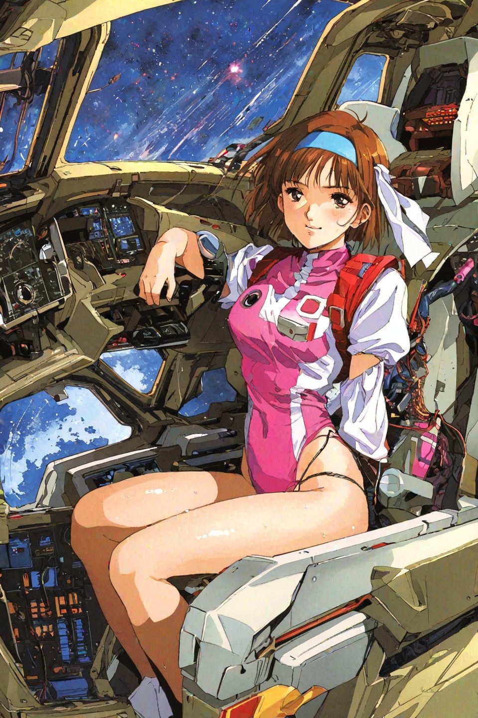 high resolution,highly detailed illustrations,best quality,detailed beautiful eyes,high resolution,highly detailed illustrations,best quality,detailed beautiful eyes,Noriko Takaya,1girl,headband,solo,short hair,smiling,retro artstyle,sweat,cockpit,brown hair,light blue headband,long headband,yellow wristband,(pink high leg leotard),(white turtleneck T-shirt,short sleeves,puffysleeves),robot,mecha,sitting in the cockpit,lots of wiring,(cord connected to body:1.1),(wires are connected to the body:1.1,space, milky way,earth, planet,watercolor_(medium)