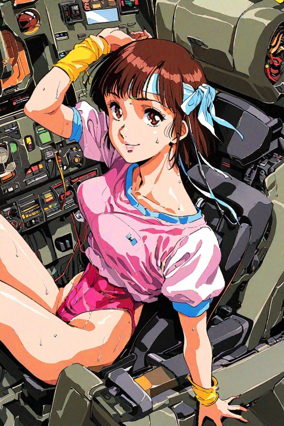 high resolution,highly detailed illustrations,best quality,detailed beautiful eyes,high resolution,highly detailed illustrations,best quality,detailed beautiful eyes,Noriko Takaya,1girl,headband,solo,short hair,smiling,retro artstyle,sweat,cockpit,brown hair,light blue headband,long headband,yellow wristband,(pink high leg leotard),(white turtleneck T-shirt,short sleeves,puffysleeves),robot,mecha,sitting in the cockpit,lots of wiring,(cord connected to body:1.1),(wires are connected to the body:1.1,from above,watercolor_(medium)