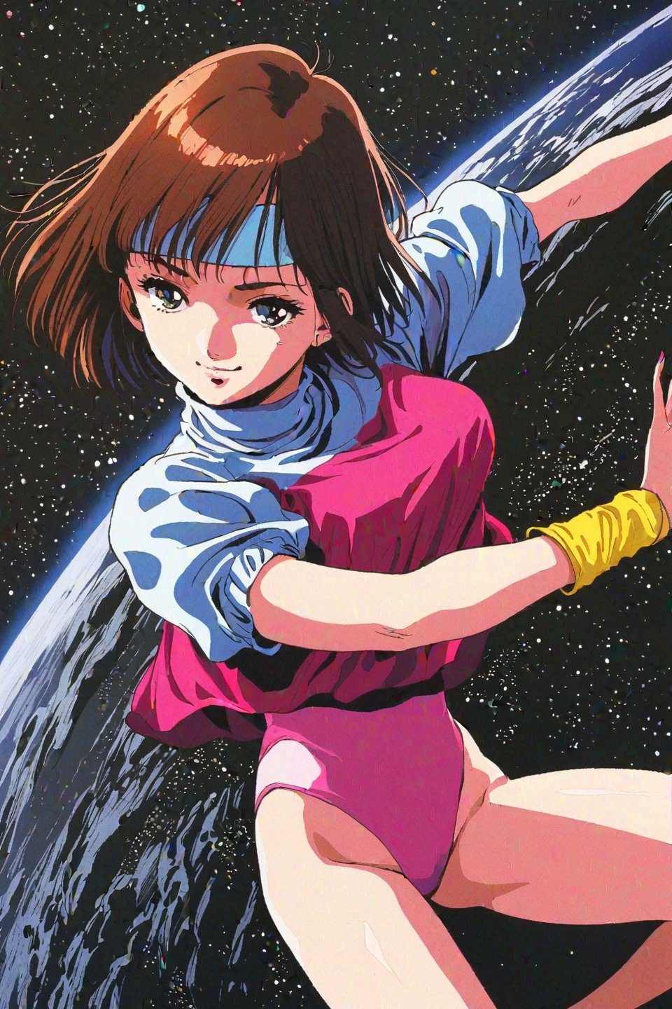 high resolution,highly detailed illustrations,best quality,detailed beautiful eyes,high resolution,highly detailed illustrations,best quality,detailed beautiful eyes,Noriko Takaya,1girl,headband,solo,short hair,smiling,retro artstyle,brown hair,light blue headband,long headband,yellow wristband,(pink high leg leotard),(white turtleneck T-shirt,short sleeves,puffysleeves),space, milky way,earth, planet,Dramatic shadows, dynamic poses,from above,watercolor_(medium)