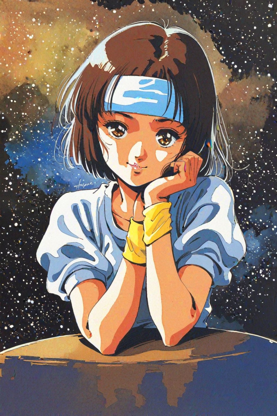 Noriko Takaya, Top quality, highly detailed illustrations, masterpiece, 1 girl, solo, standing, retro art style, light blue headband, long headband, yellow wristband, arms folded, brown eyes, 1980s (style), brown hair, looking at viewer, smiling , leotard, puff sleeve t-shirt, headrest, traditional media, galaxy in the background, watercolor (medium),