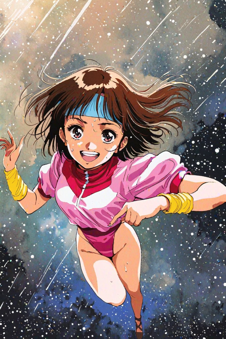 high resolution,highly detailed illustrations,best quality,detailed beautiful eyes,high resolution,highly detailed illustrations,best quality,detailed beautiful eyes,Noriko Takaya,1girl,headband,solo,short hair,smiling,retro artstyle,sweat,brown hair,light blue headband,long headband,yellow wristband,(pink high leg leotard),(white turtleneck T-shirt,short sleeves,puffysleeves),space, milky way,earth, planet,Dramatic shadows, dynamic poses,from above,watercolor_(medium)