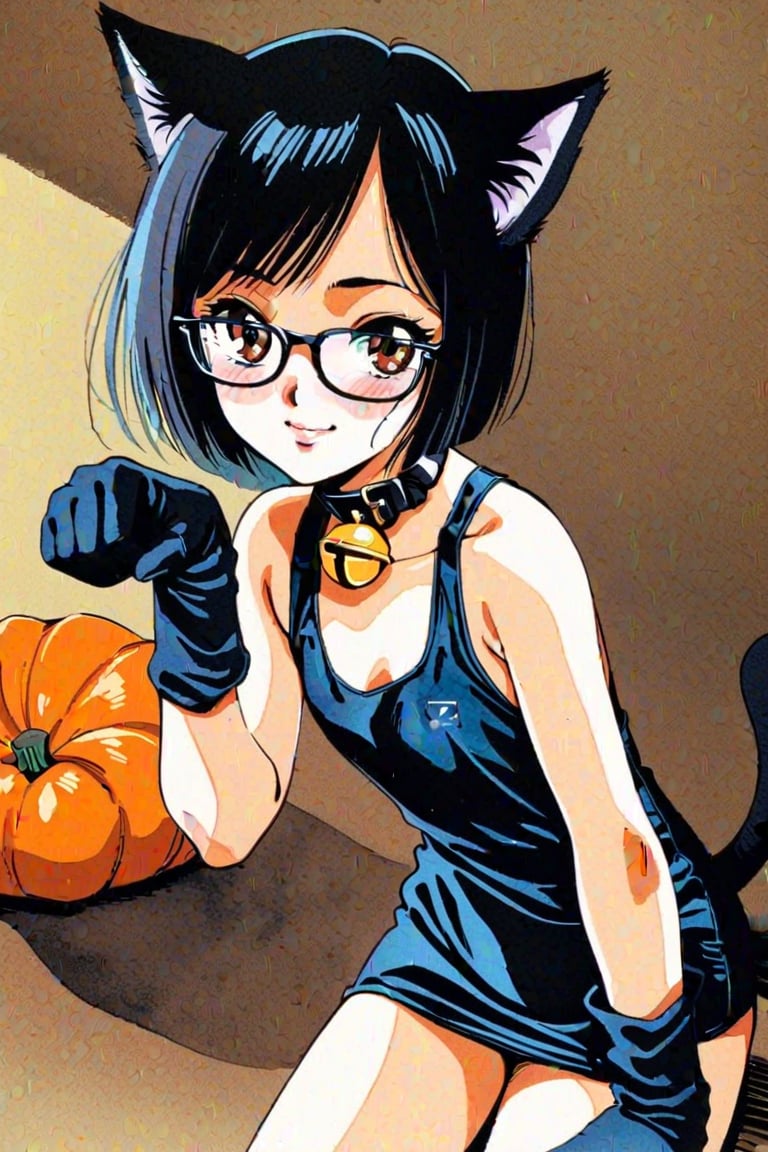 Noriko Takaya, Top quality, highly detailed illustrations, masterpiece, (cowboy shot:1.2), 1 girl, solo, retro art style, brown eyes, (black hair:1.5), (glasses:1.5), (deep side part), (short hair), looking at viewer, smiling, kneeling, (paw pose),(black school swimsuit), (flat chest, blush:1.3), (cat ears, cat tail, black collar, neck bell, black pawpads), black knee high socks, high heels, (black gloves, elbow gloves), traditional media, watercolor (medium), Dramatic shadows, dynamic angles, background, Halloween night, spooky atmosphere, jack-o’-lanterns glowing