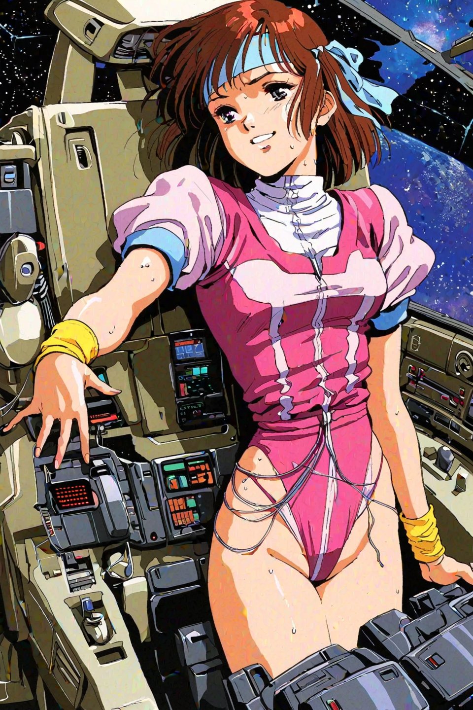 high resolution,highly detailed illustrations,best quality,detailed beautiful eyes,high resolution,highly detailed illustrations,best quality,detailed beautiful eyes,Noriko Takaya,1girl,headband,solo,short hair,smiling,retro artstyle,sweat,cockpit,brown hair,light blue headband,long headband,yellow wristband,(pink high leg leotard),(white turtleneck T-shirt,short sleeves,puffysleeves),robot,mecha,sitting in the cockpit,lots of wiring,(cord connected to body:1.1),(wires are connected to the body:1.1, BREAK space, milky way,earth, planet,watercolor_(medium)