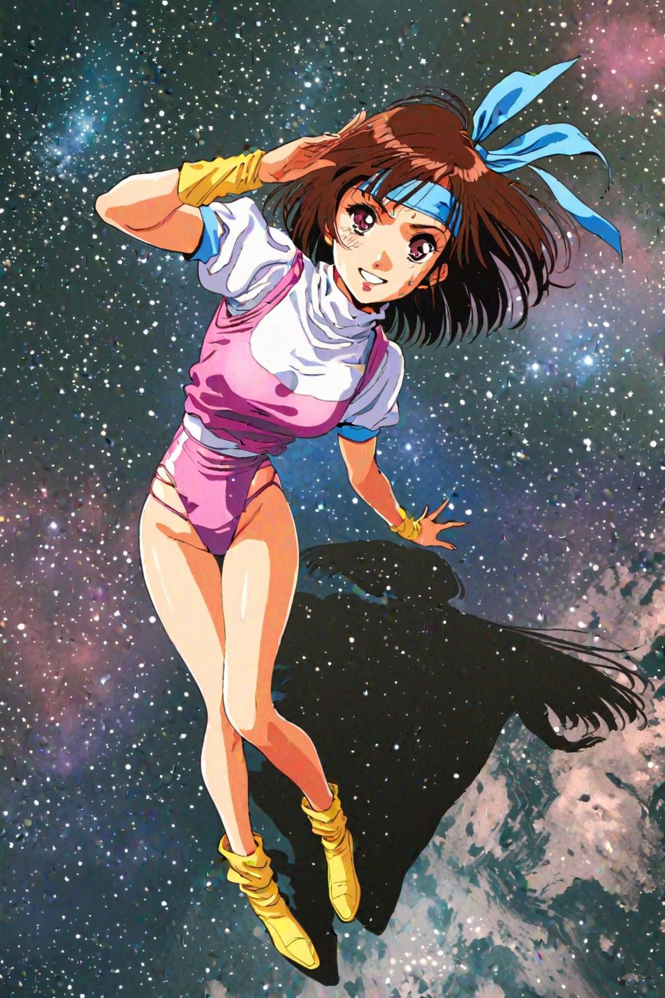 high resolution,highly detailed illustrations,best quality,detailed beautiful eyes,high resolution,highly detailed illustrations,best quality,detailed beautiful eyes,Noriko Takaya,1girl,headband,solo,short hair,smiling,retro artstyle,sweat,brown hair,light blue headband,long headband,yellow wristband,(pink high leg leotard),(white turtleneck T-shirt,short sleeves,puffysleeves),space, milky way,earth, planet,Dramatic shadows, dynamic poses,from above,watercolor_(medium)