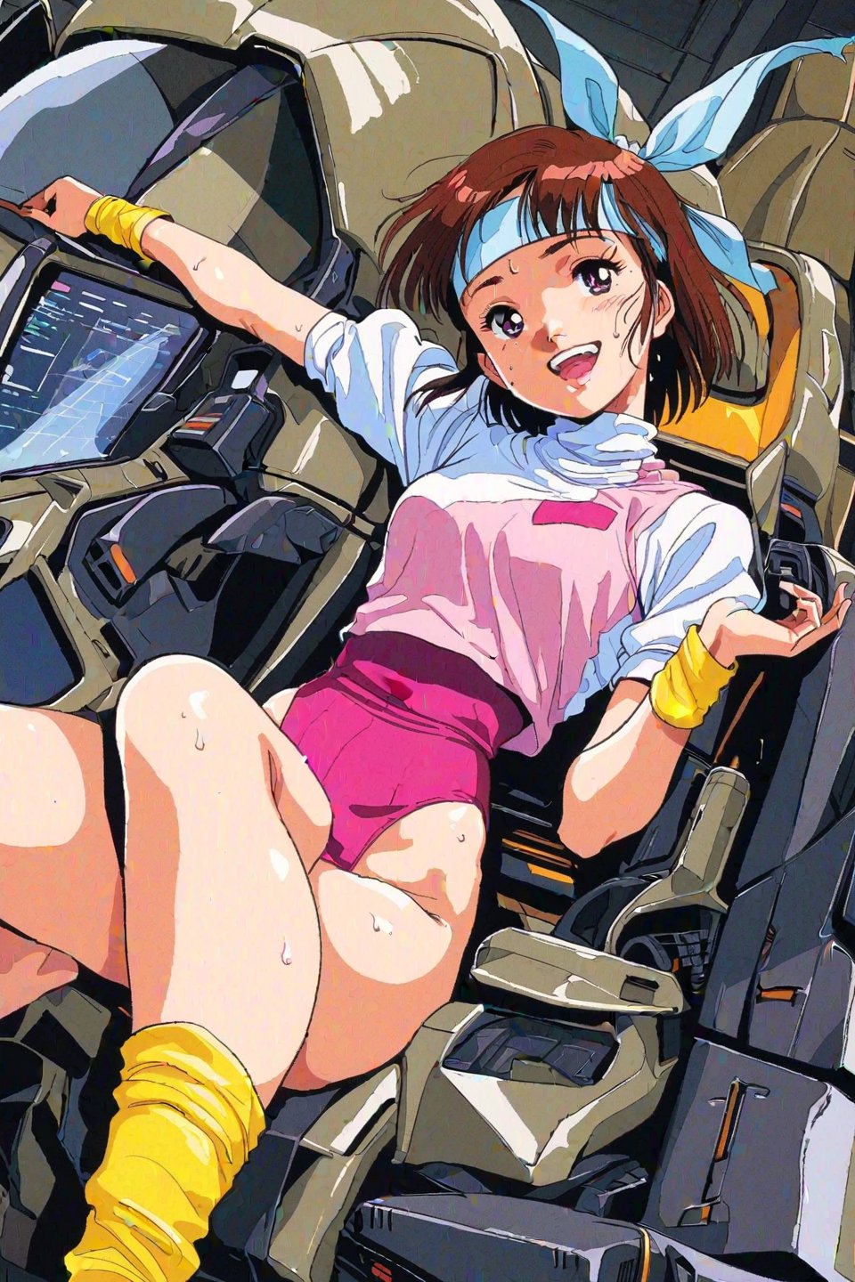 high resolution,highly detailed illustrations,best quality,detailed beautiful eyes,high resolution,highly detailed illustrations,best quality,detailed beautiful eyes,Noriko Takaya,1girl,headband,solo,short hair,smiling,retro artstyle,sweat,cockpit,brown hair,light blue headband,long headband,yellow wristband,(pink high leg leotard),(white turtleneck T-shirt,short sleeves,puffysleeves),robot,mecha,sitting in the cockpit,from below,watercolor_(medium)