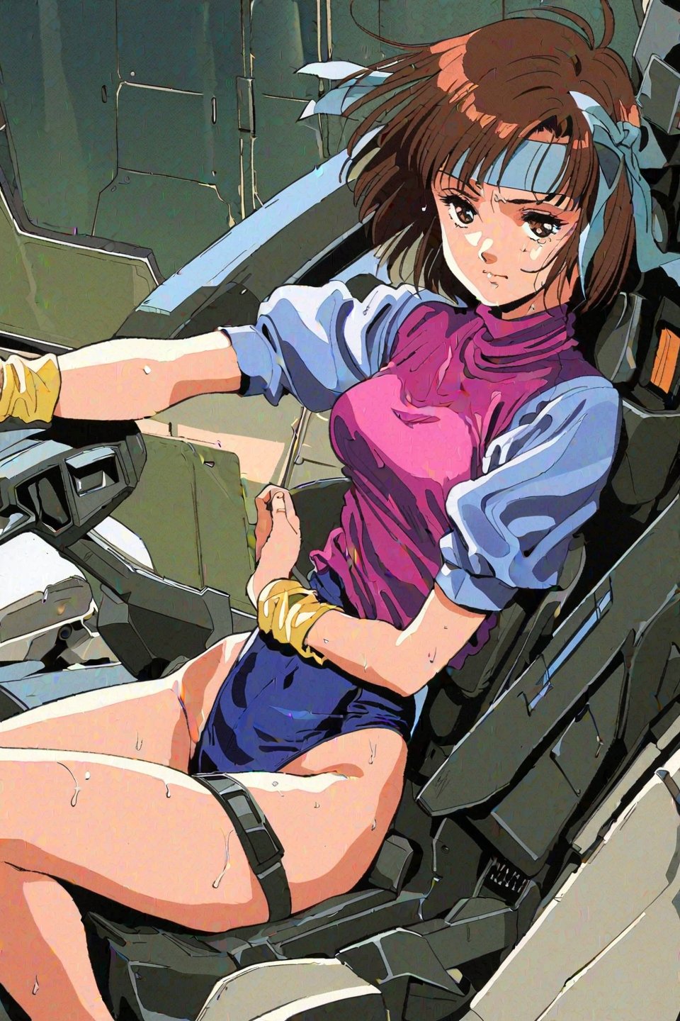 high resolution,highly detailed illustrations,best quality,detailed beautiful eyes,high resolution,highly detailed illustrations,best quality,detailed beautiful eyes,Noriko Takaya,1girl,headband,solo,short hair,retro artstyle,sweat,cockpit,brown hair,light blue headband,long headband,yellow wristband,(high leg leotard),((pink leotard)),(T-shirt,short sleeves,or a shirt over leotard,puffysleeves,turtleneck:1.3),robot,mecha,sitting in the cockpit,watercolor_(medium)