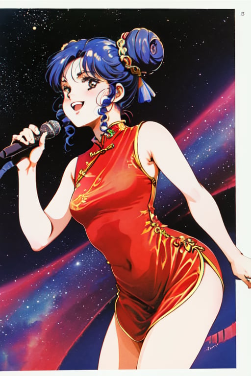 masterpiece, best quality, very aesthetic, absurdres traditional media retro artstyle 1980s style, 1girl,dark blue hair, braided bun, double bun, twin braids, idol, singing, microphone, space, galaxy, (red cheongsam:1.5), Chinese clothes, smile,watercolor \(medium\)