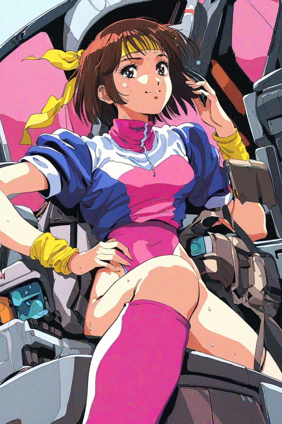 high resolution,highly detailed illustrations,best quality,detailed beautiful eyes,high resolution,highly detailed illustrations,best quality,detailed beautiful eyes,Noriko Takaya,1girl,headband,solo,short hair,smiling,retro artstyle,sweat,cockpit,brown hair,light blue headband,long headband,yellow wristband,(pink high leg leotard),((pink leotard)),(white turtleneck T-shirt,short sleeves,puffysleeves),robot,mecha,sitting in the cockpit,from below,watercolor_(medium)