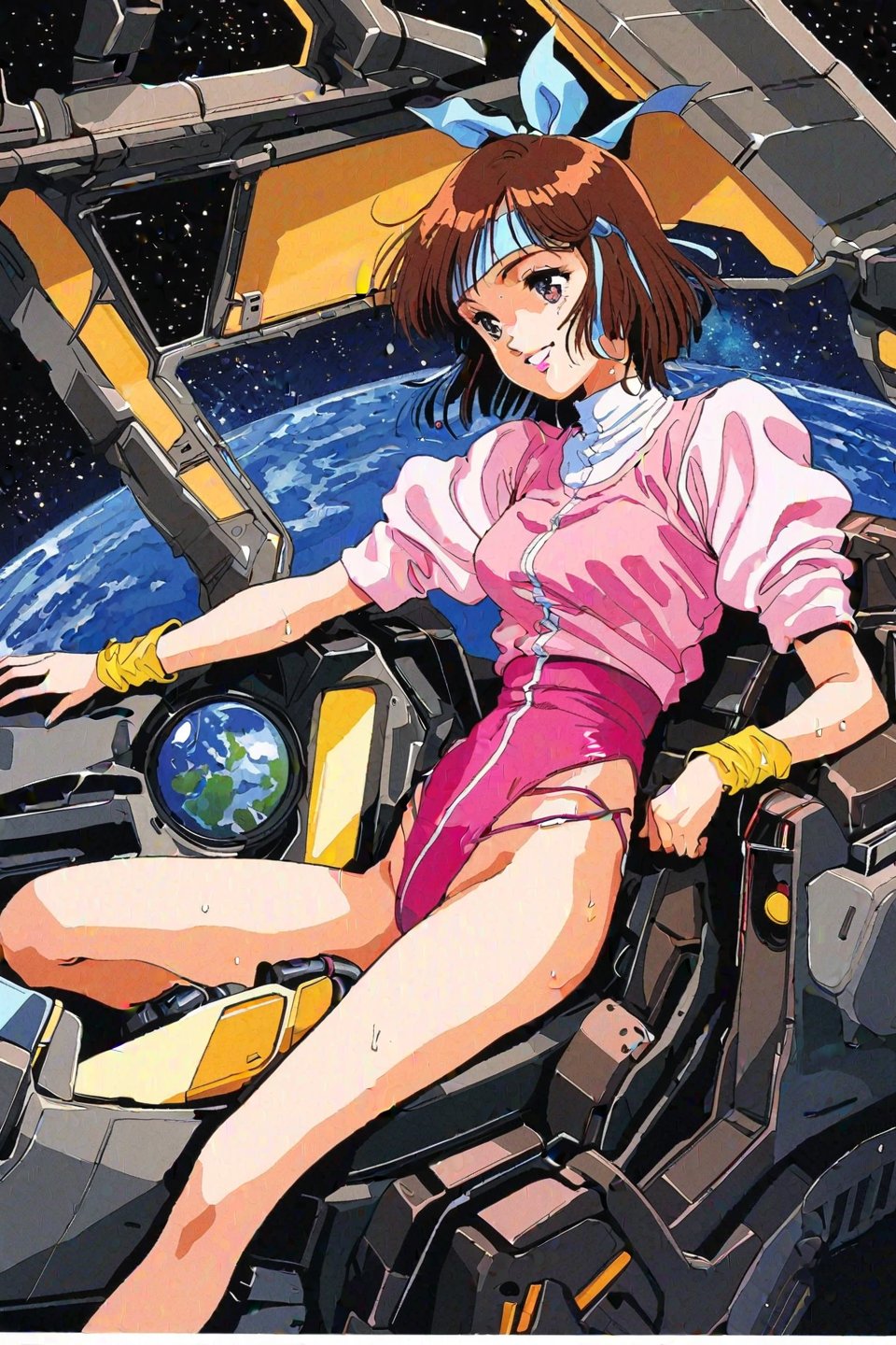 high resolution,highly detailed illustrations,best quality,detailed beautiful eyes,high resolution,highly detailed illustrations,best quality,detailed beautiful eyes,Noriko Takaya,1girl,headband,solo,short hair,smiling,retro artstyle,sweat,cockpit,brown hair,light blue headband,long headband,yellow wristband,(pink high leg leotard),(white turtleneck T-shirt,short sleeves,puffysleeves),robot,mecha,sitting in the cockpit,lots of wiring,(cord connected to body:1.1),(wires are connected to the body:1.1,space, milky way,earth, planet,watercolor_(medium)