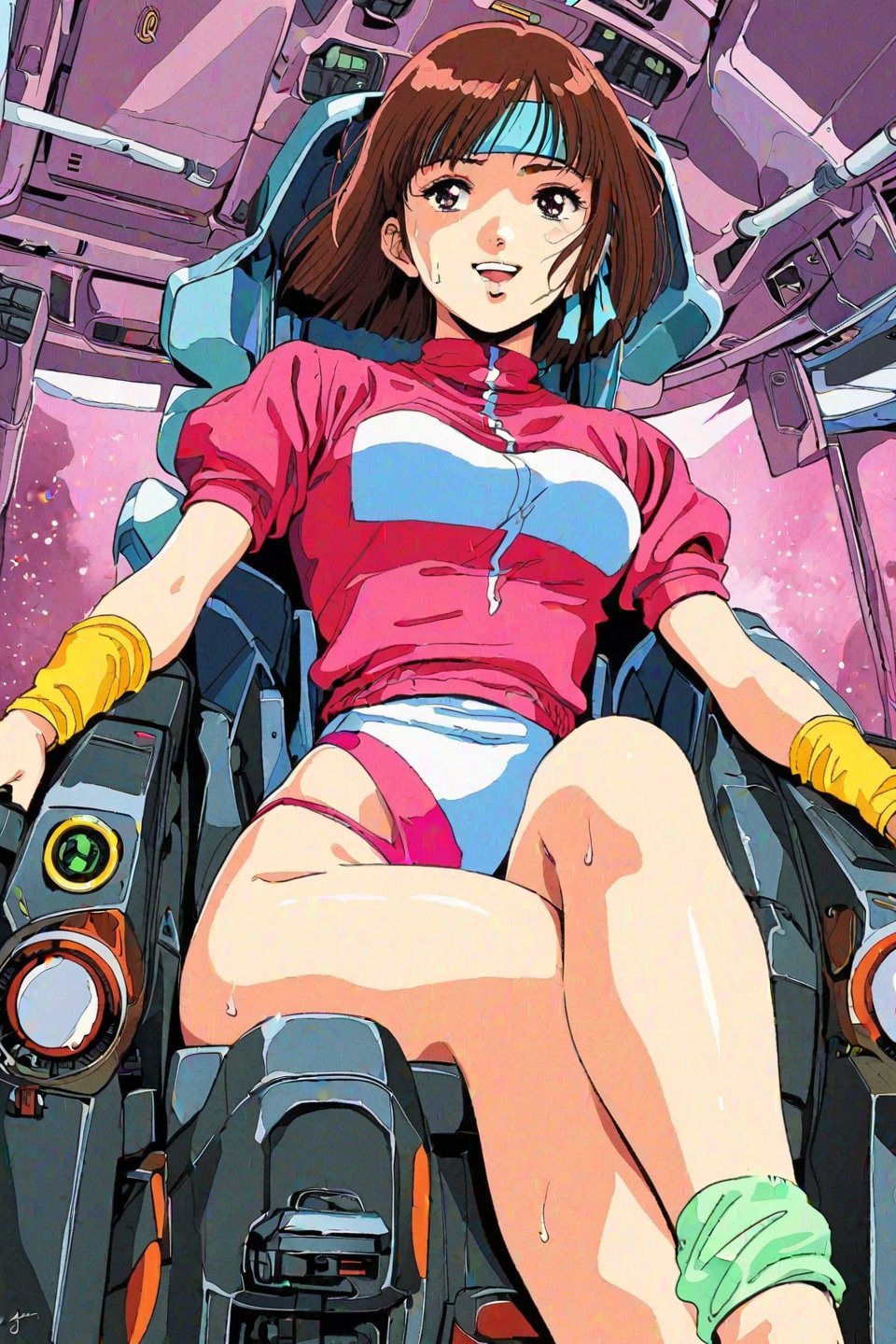 high resolution,highly detailed illustrations,best quality,detailed beautiful eyes,high resolution,highly detailed illustrations,best quality,detailed beautiful eyes,Noriko Takaya,1girl,headband,solo,short hair,smiling,retro artstyle,sweat,cockpit,brown hair,light blue headband,long headband,yellow wristband,(pink high leg leotard),(white turtleneck T-shirt,short sleeves,puffysleeves),robot,mecha,sitting in the cockpit,from below,watercolor_(medium)