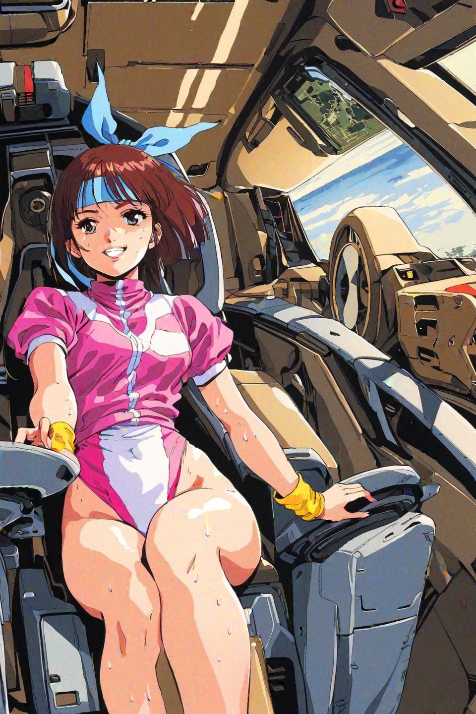 high resolution,highly detailed illustrations,best quality,detailed beautiful eyes,high resolution,highly detailed illustrations,best quality,detailed beautiful eyes,Noriko Takaya,1girl,headband,solo,short hair,smiling,retro artstyle,sweat,cockpit,brown hair,light blue headband,long headband,yellow wristband,(pink high leg leotard),(white turtleneck T-shirt,short sleeves,puffysleeves),robot,mecha,sitting in the cockpit,from below,watercolor_(medium)