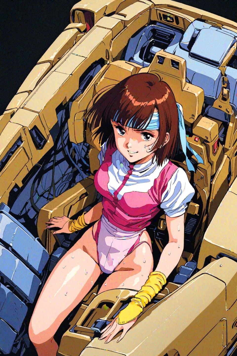 high resolution,highly detailed illustrations,best quality,detailed beautiful eyes,high resolution,highly detailed illustrations,best quality,detailed beautiful eyes,Noriko Takaya,1girl,headband,solo,short hair,smiling,retro artstyle,sweat,cockpit,brown hair,light blue headband,long headband,yellow wristband,(pink high leg leotard),(white turtleneck T-shirt,short sleeves,puffysleeves),robot,mecha,sitting in the cockpit,lots of wiring,(cord connected to body:1.1),(wires are connected to the body:1.1,from above,watercolor_(medium)