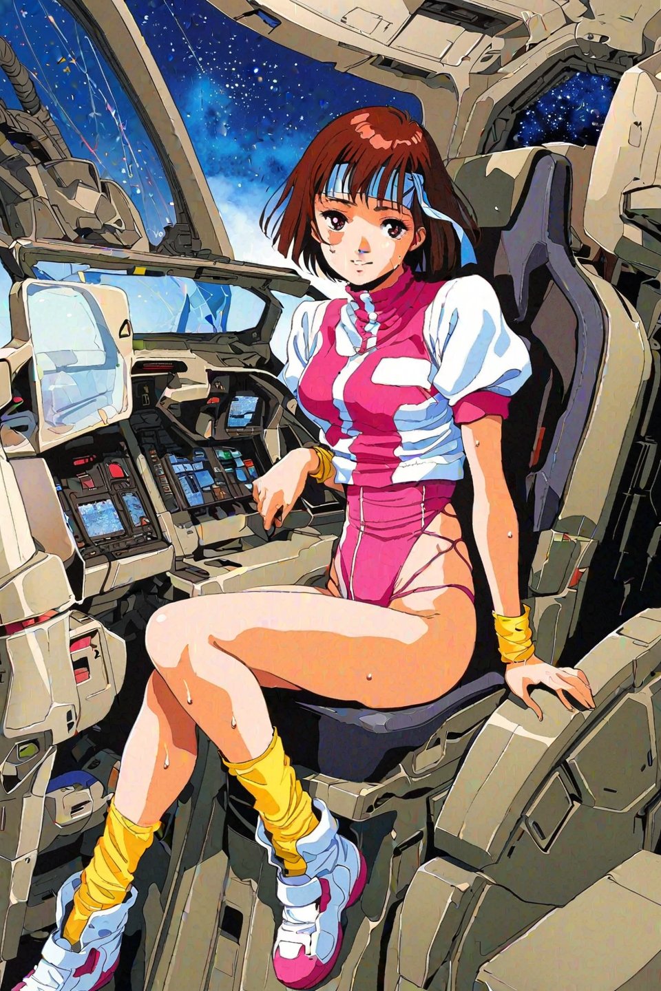 high resolution,highly detailed illustrations,best quality,detailed beautiful eyes,high resolution,highly detailed illustrations,best quality,detailed beautiful eyes,Noriko Takaya,1girl,headband,solo,short hair,smiling,retro artstyle,sweat,cockpit,brown hair,light blue headband,long headband,yellow wristband,(pink high leg leotard),(white turtleneck T-shirt,short sleeves,puffysleeves),robot,mecha,sitting in the cockpit,lots of wiring,(cord connected to body:1.1),(wires are connected to the body:1.1, BREAK space, milky way,earth, planet,watercolor_(medium)