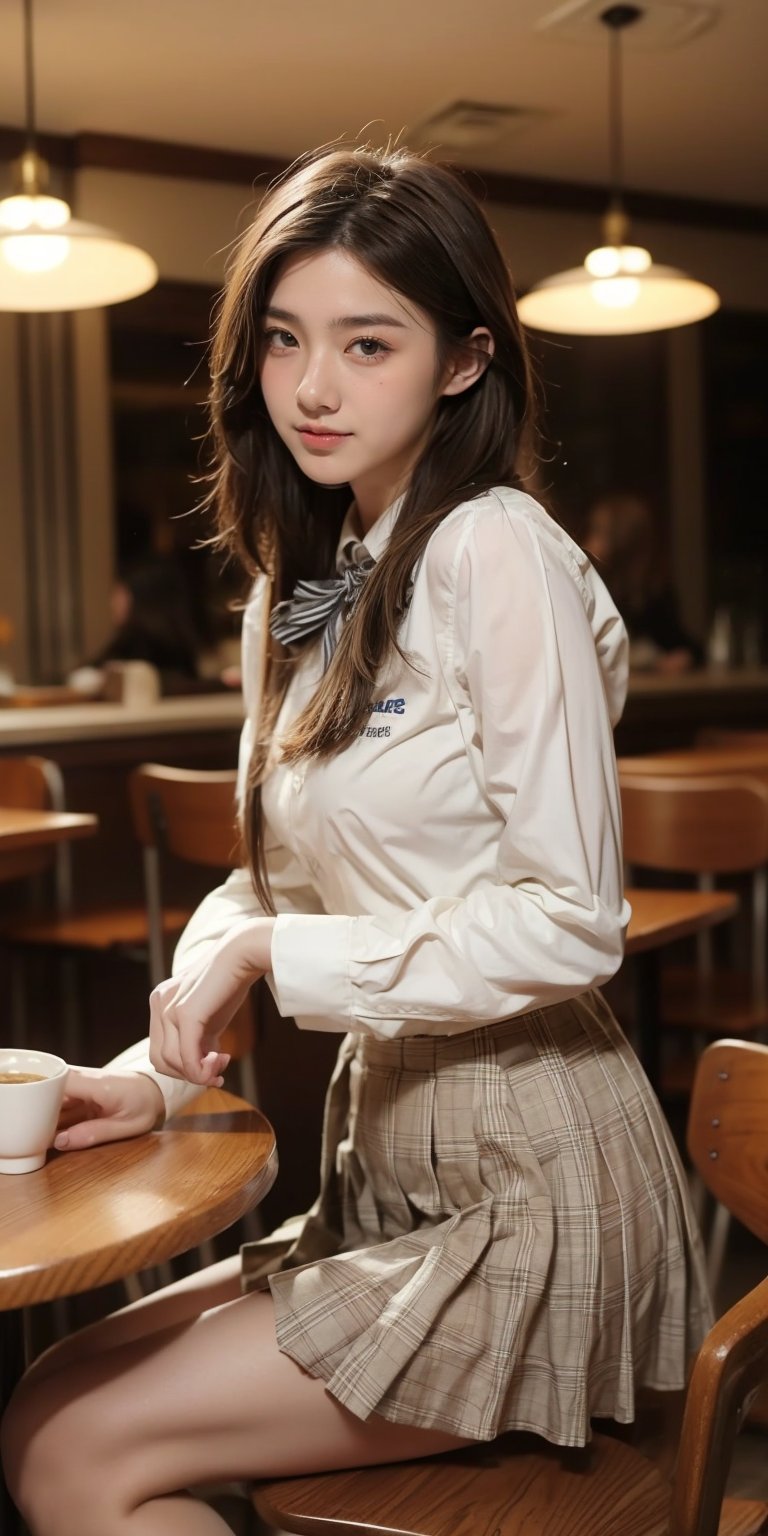 high school student,girl,school uniform,she is having food,smile,kobeyarestaurant, open kitchen, scenery, chair, table, ceiling light, indoors, lamp, cup, restaurant, light, realistic,Best Quality, 32k, photorealistic, ultra-detailed, finely detailed, high resolution, perfect dynamic composition, beautiful detailed eyes, sharp-focus, cowboy_shot,kobeyarestaurant