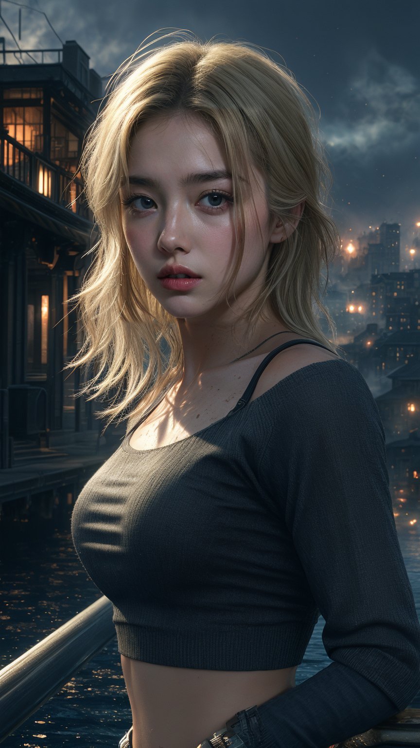 1girl, pretty and very dirty face, perfect body, narrow face, slim body, alien city with floating buildings, mystic scene, dark, night, fire, water, (dirty face:1.4), (dirty clothes:1.2), (torn clothes:1.2), plain crop top, fog, smoke, wide-open eyes, a furrowed brow, and a slightly open mouth, mediumhair, lightblonde hair, claw pose, looking ahead, photorealistic, hyperrealistic art, extremely high-resolution details, photographic, realism pushed to extreme, fine texture, incredibly lifelike, absurdres, masterpiece, 8k, high detail, intricate, best quality