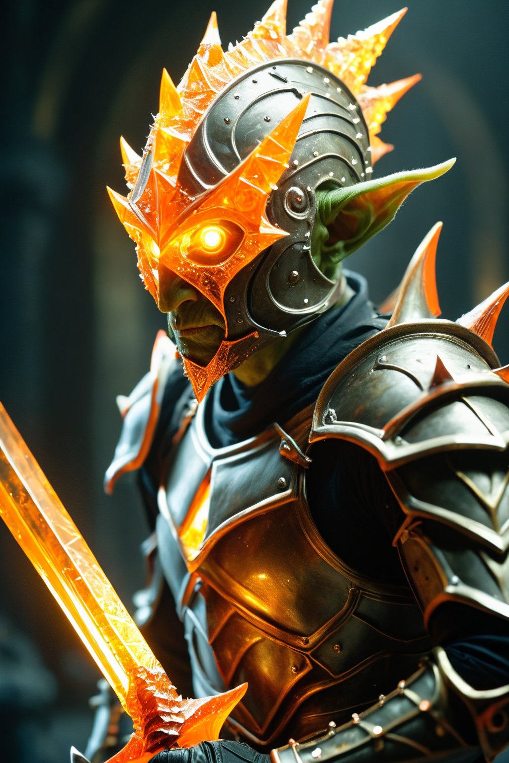  BREAK, male knight, portrait, beautiful, goblin warrior, (orange crystal sword:1.3), (goblin:1.3), gladiator, dramatic lights, (glowing orange diamond body armour:1.3), (glowing orange diamond knight helmet:1.3), upper body, orange spiky helmet