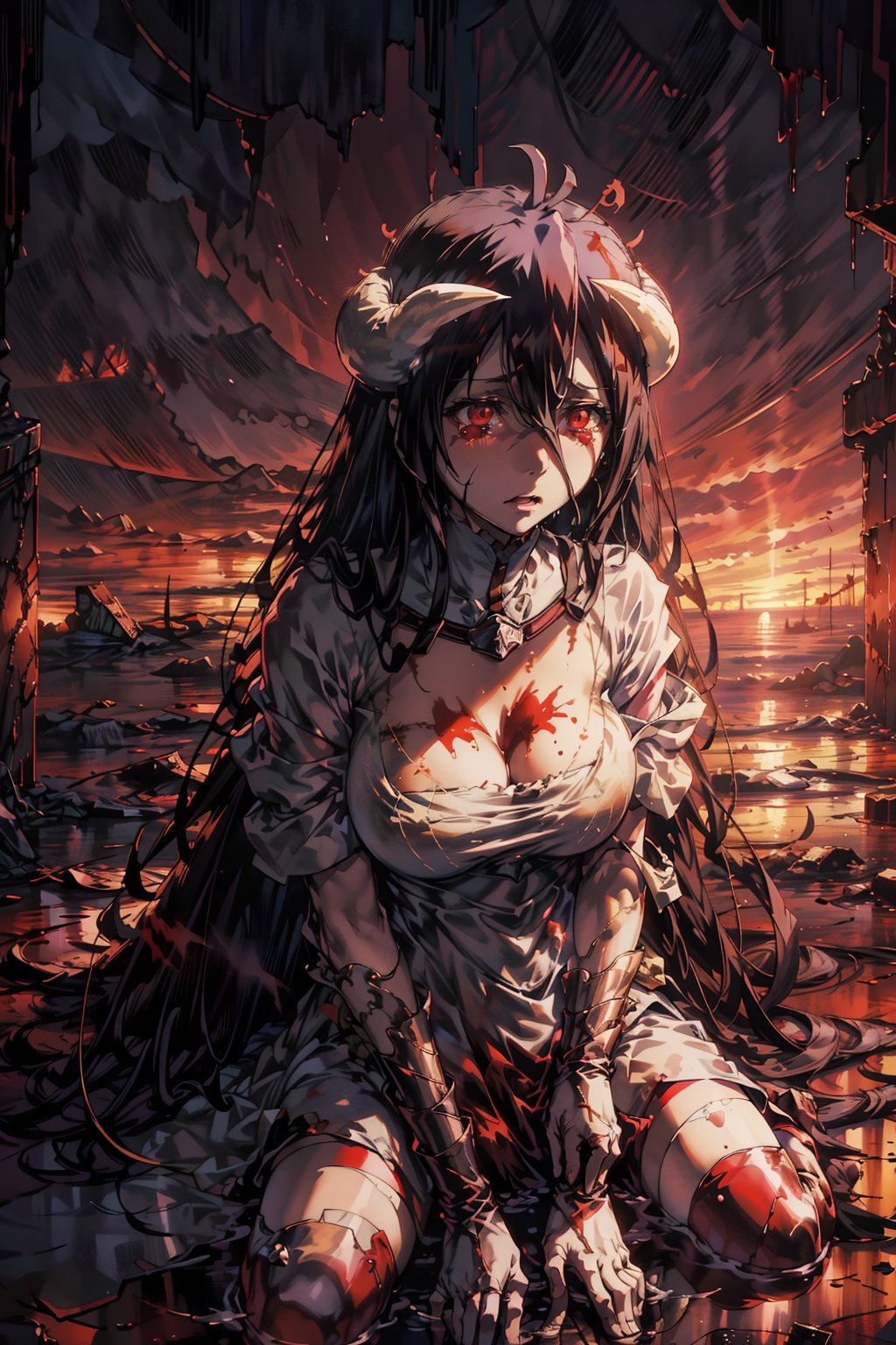 Albedo's anguished face, tears mixing with the blood stains on her dress, as the warm crimson hues of sunset illuminate the desolate battlefield. Contrasting with the internal turmoil. The stillness conveys hope and comfort in the midst of destruction, Hestia's desperate expression a poignant counterpoint to the serene backdrop.,albedo