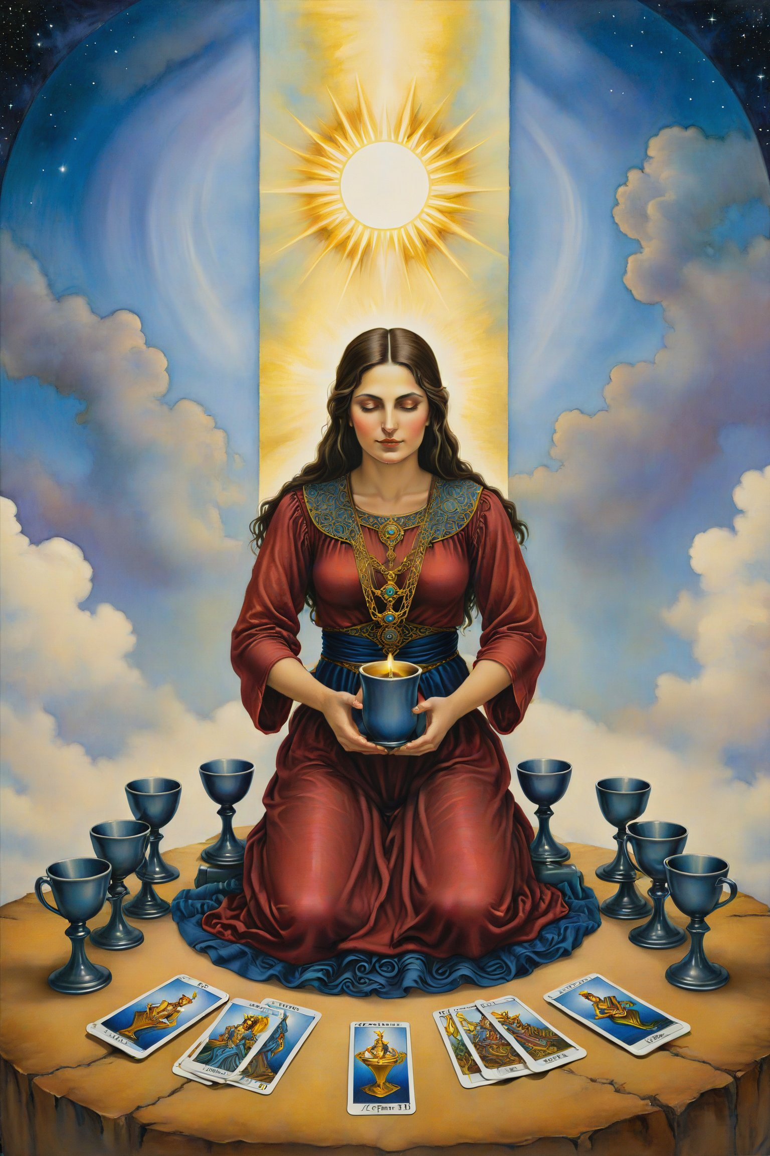 9 of cups  card of tarot: A figure sitting with arms crossed, with nine cups arranged in an arc behind them, symbolizing satisfaction and fulfillment., artfrahm,visionary art style