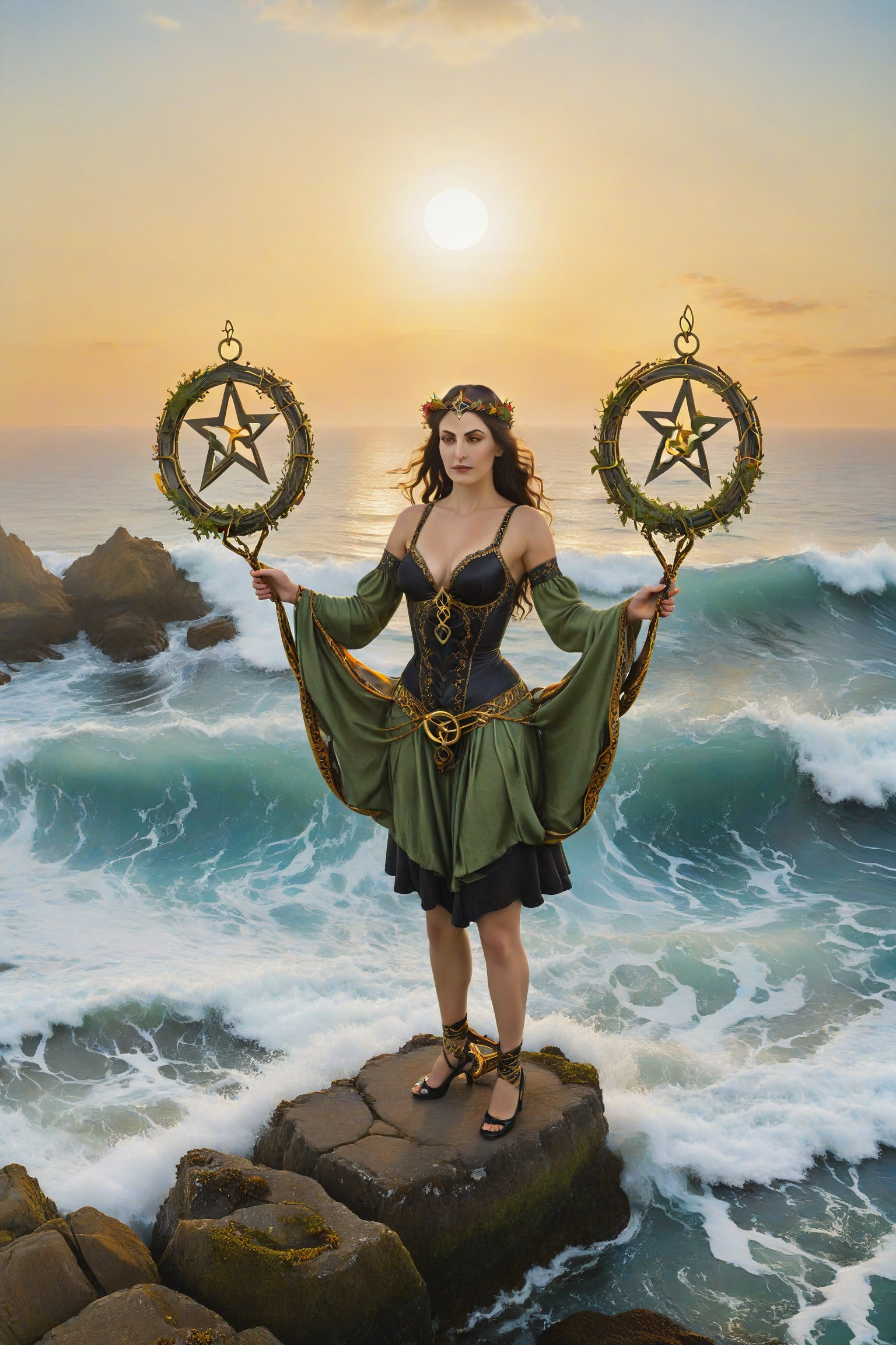 Two of pentacle card of tarot, A figure stands on uneven ground by the sea, juggling two pentacles that are connected by an infinite loop in the shape of a figure-eight. Behind the figure, the sea waves are large and in motion, with two ships riding on them. This scene symbolizes the ability to maintain balance and flexibility amid life's ups and downs. The figure seems to be handling the demands of different areas of life with grace and skill, suggesting the importance of adaptability, effective management of time and resources, and maintaining harmony among multiple responsibilities.
. artfrahm,visionary art style