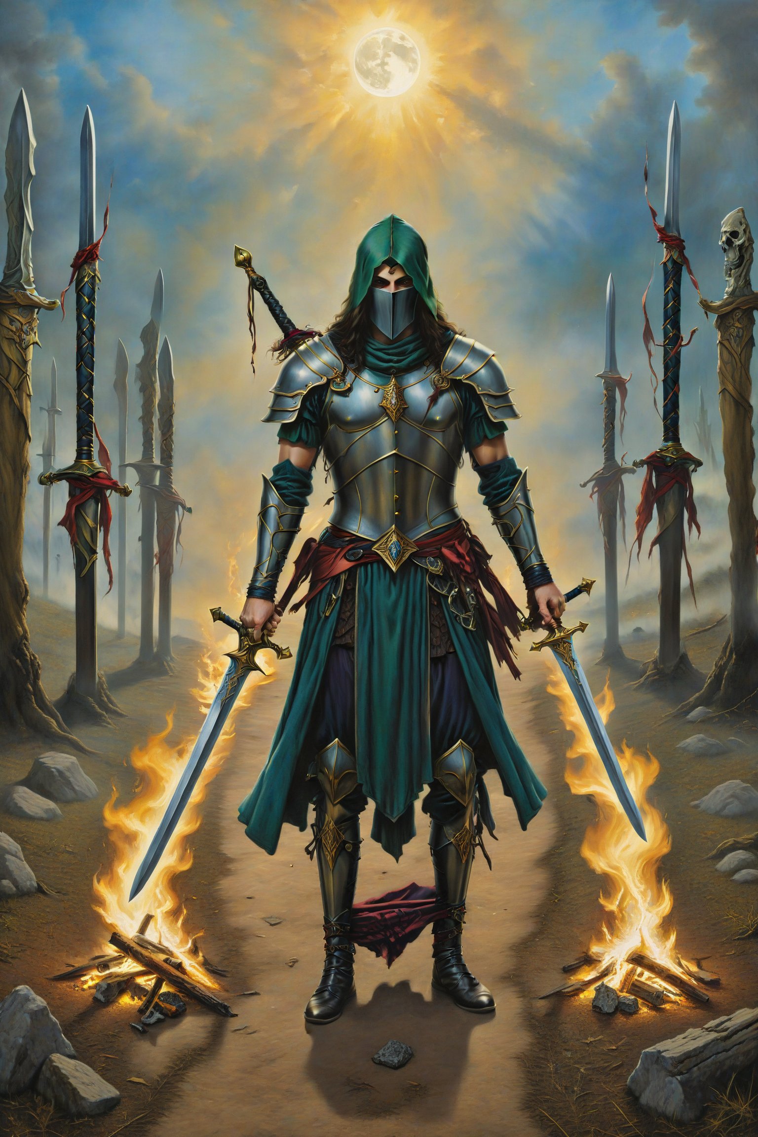 seven of sword card of tarot, A stealthy figure walking away from a camp with five swords in their hands and two swords left standing in the ground, symbolizing deceit, cunning, strategic use of information, and taking calculated risks.,  artfrahm,visionary art style