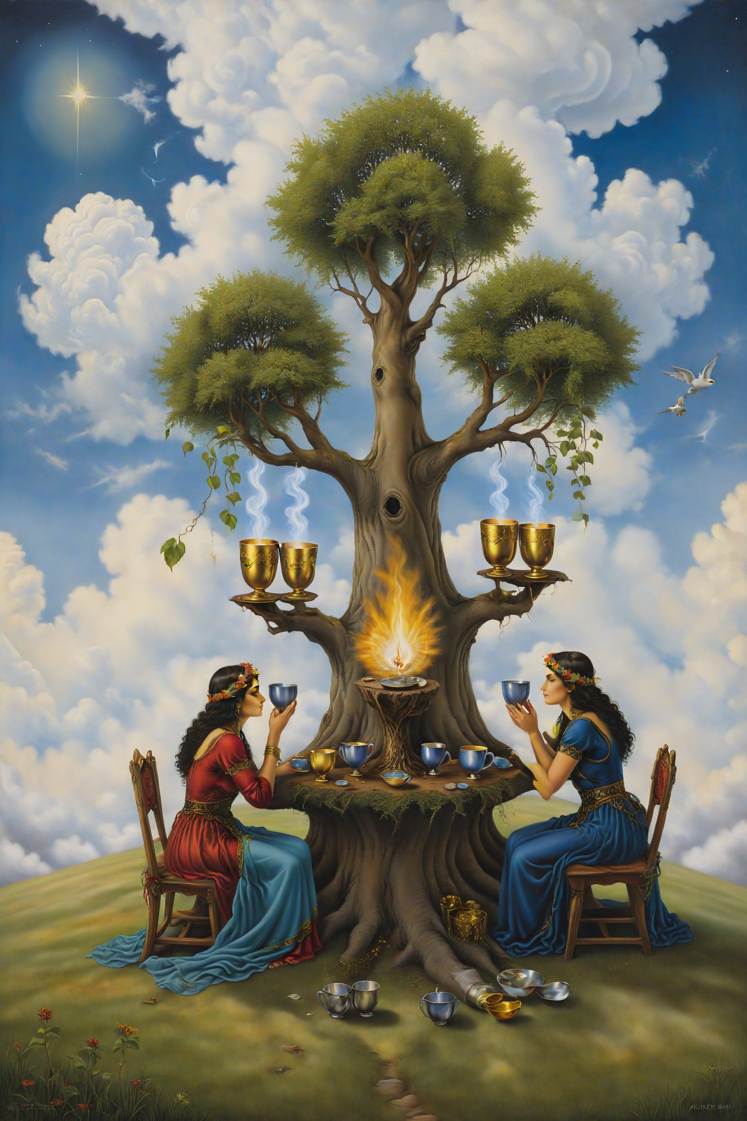 four of cups  card of tarot: A one person sitting under a tree, staring at three cups in front of them while a fourth cup is offered by a hand emerging from a cloud, symbolizing introspection and reevaluation.., artfrahm,visionary art style