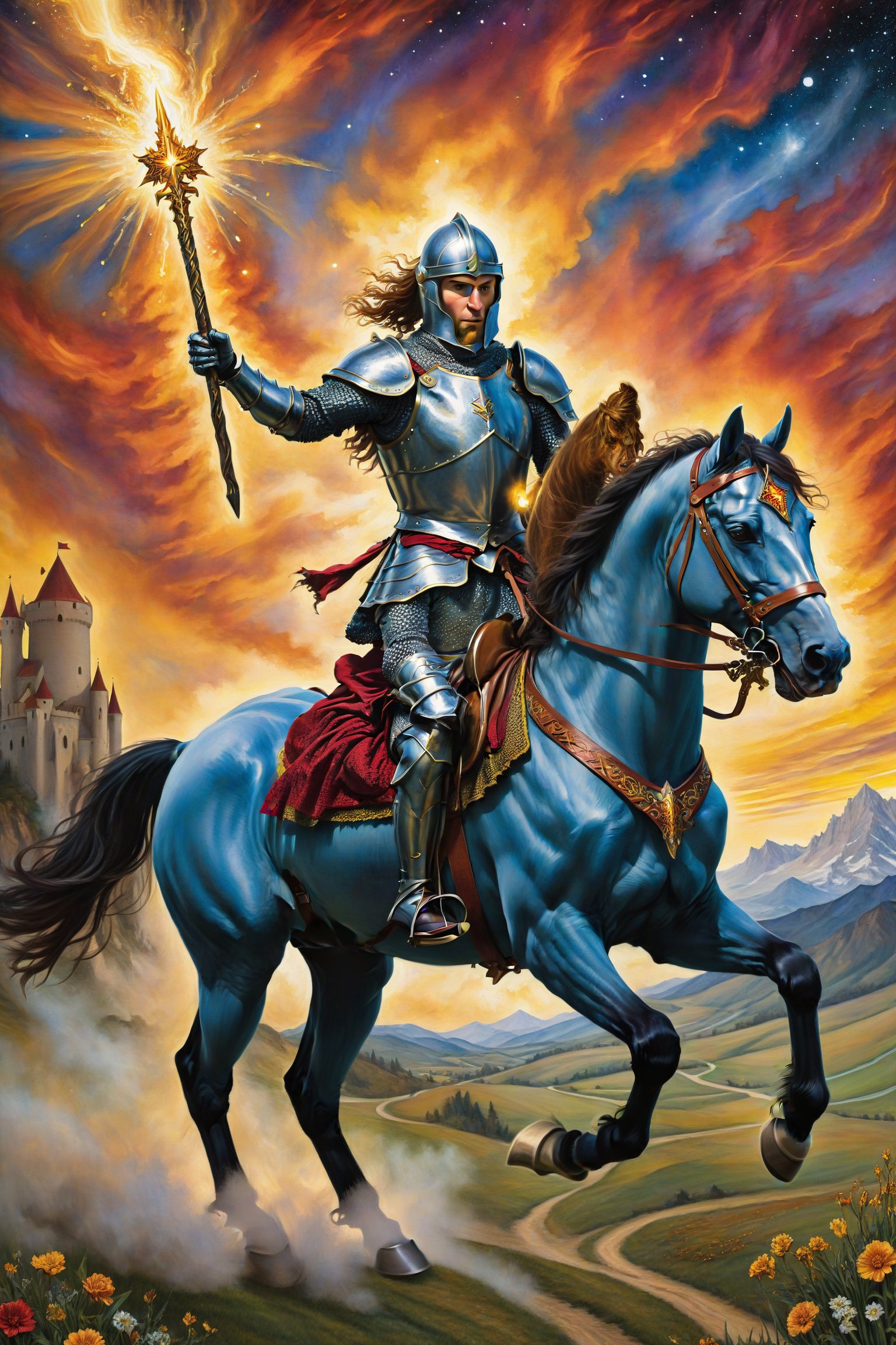 knigth of  wands card of tarot: A knight riding a horse, holding a wand and advancing rapidly, symbolizing energy and adventure. artfrahm,visionary art style