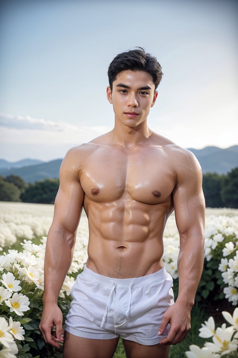 Handsome young man with Japanese features, highlighting his face detail rendered, 29 years old,exuding confidence and masculinity pose  in a vast white flowers field against an endless blue sky horizon. He stands strong, showcasing his toned physique and six-pack, abs muscle, v line muscle, His cheeky, mischievous expression is lit by the alluring soft light, Eye level perspective,emphasizing upper body details and strict facial features, lifelike person, extremely realistic, 