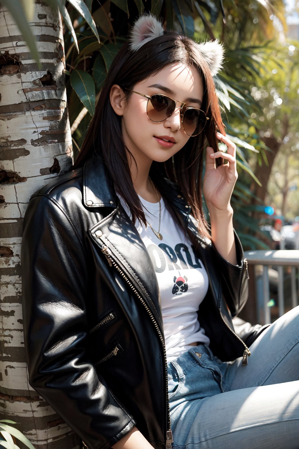 (1girl), Cool koala wearing a stylish leather jacket, leaning casually against a eucalyptus tree, sunglasses perched on its nose, a mischievous grin on its face, surrounded by vibrant Australian flora, urban graffiti art in the background, soft sunlight filtering through the leaves, a sense of laid-back attitude and confidence, playful pose with one paw resting on the jacket, capturing the spirit of adventure and rebellion, 8K resolution, photorealistic style



