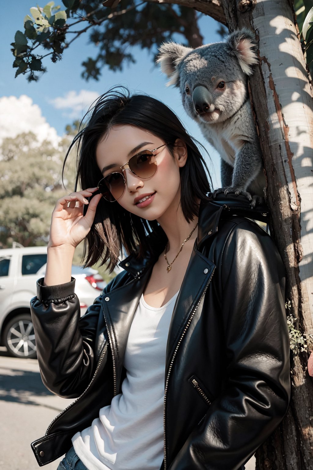 (1girl), Cool koala wearing a stylish leather jacket, leaning casually against a eucalyptus tree, sunglasses perched on its nose, a mischievous grin on its face, surrounded by vibrant Australian flora, urban graffiti art in the background, soft sunlight filtering through the leaves, a sense of laid-back attitude and confidence, playful pose with one paw resting on the jacket, capturing the spirit of adventure and rebellion, 8K resolution, photorealistic style



