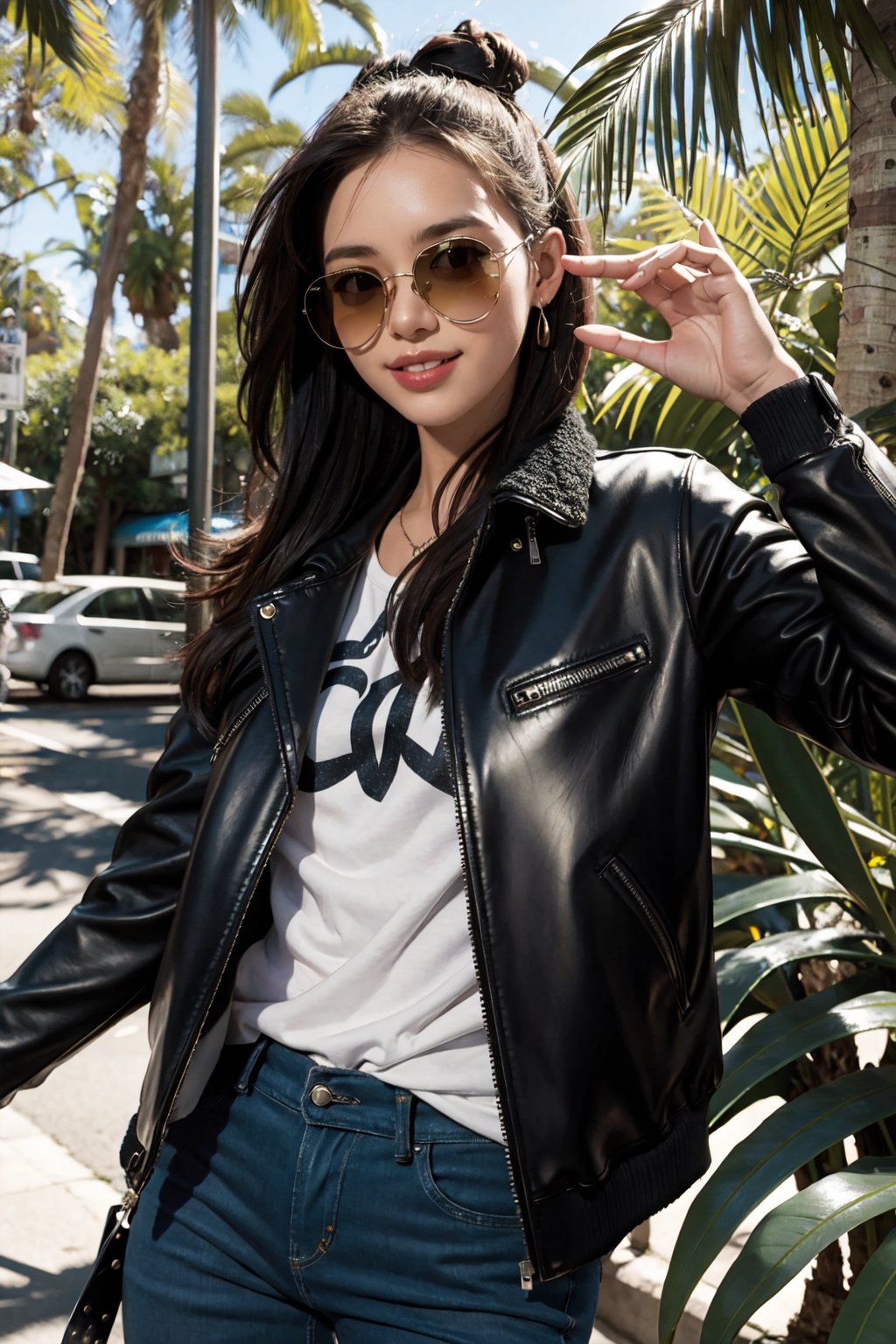 (1girl), Cool koala wearing a stylish leather jacket, leaning casually against a eucalyptus tree, sunglasses perched on its nose, a mischievous grin on its face, surrounded by vibrant Australian flora, urban graffiti art in the background, soft sunlight filtering through the leaves, a sense of laid-back attitude and confidence, playful pose with one paw resting on the jacket, capturing the spirit of adventure and rebellion, 8K resolution, photorealistic style



