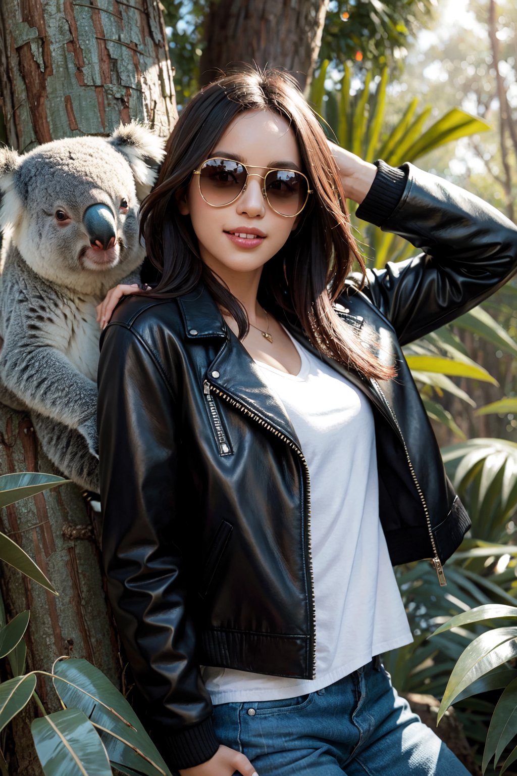 (1girl), Cool koala wearing a stylish leather jacket, leaning casually against a eucalyptus tree, sunglasses perched on its nose, a mischievous grin on its face, surrounded by vibrant Australian flora, urban graffiti art in the background, soft sunlight filtering through the leaves, a sense of laid-back attitude and confidence, playful pose with one paw resting on the jacket, capturing the spirit of adventure and rebellion, 8K resolution, photorealistic style



