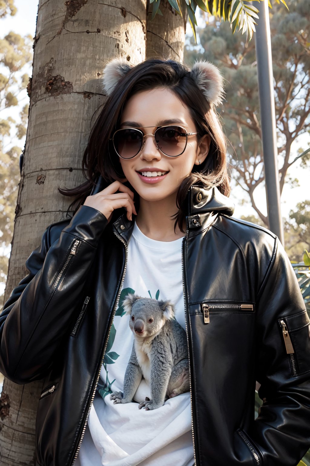 Cool koala wearing a stylish leather jacket, leaning casually against a eucalyptus tree, sunglasses perched on its nose, a mischievous grin on its face, surrounded by vibrant Australian flora, urban graffiti art in the background, soft sunlight filtering through the leaves, a sense of laid-back attitude and confidence, playful pose with one paw resting on the jacket, capturing the spirit of adventure and rebellion, 8K resolution, photorealistic style



