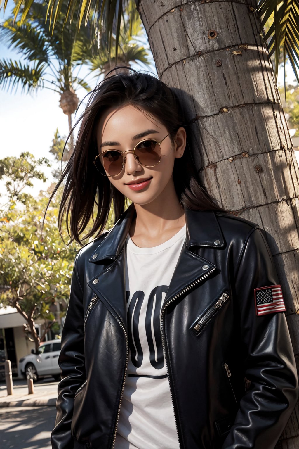 (1girl), Cool koala wearing a stylish leather jacket, leaning casually against a eucalyptus tree, sunglasses perched on its nose, a mischievous grin on its face, surrounded by vibrant Australian flora, urban graffiti art in the background, soft sunlight filtering through the leaves, a sense of laid-back attitude and confidence, playful pose with one paw resting on the jacket, capturing the spirit of adventure and rebellion, 8K resolution, photorealistic style



