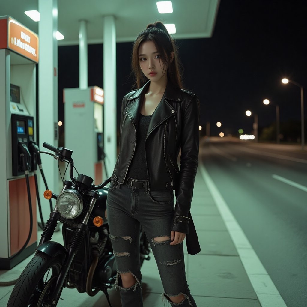 A mesmerizing Japanese woman with long,  dark hair tied back in a loose ponytail stands beside a sleek black motorcycle at...