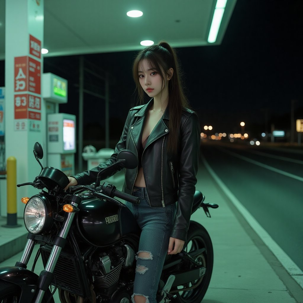 A mesmerizing Japanese woman with long,  dark hair tied back in a loose ponytail stands beside a sleek black motorcycle at...