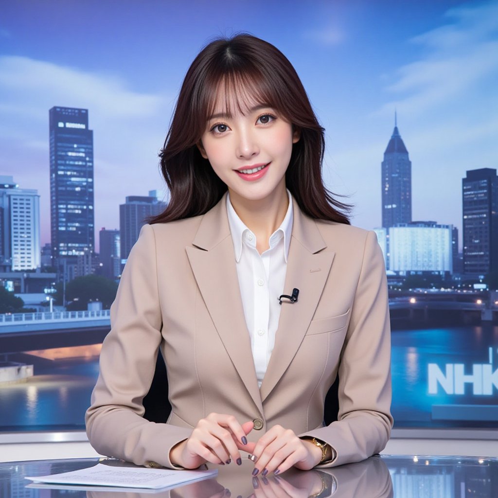 A confident 25-year-old Asian woman,  radiant with idol-like beauty,  sits at the NHK News Channel desk. Medium shot captu...