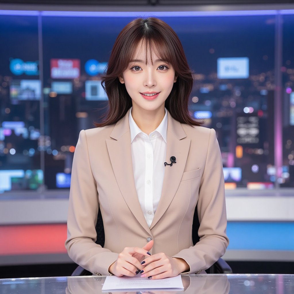 A confident 25-year-old Asian woman,  radiant with idol-like beauty,  sits at the NHK News Channel desk. Medium shot captu...