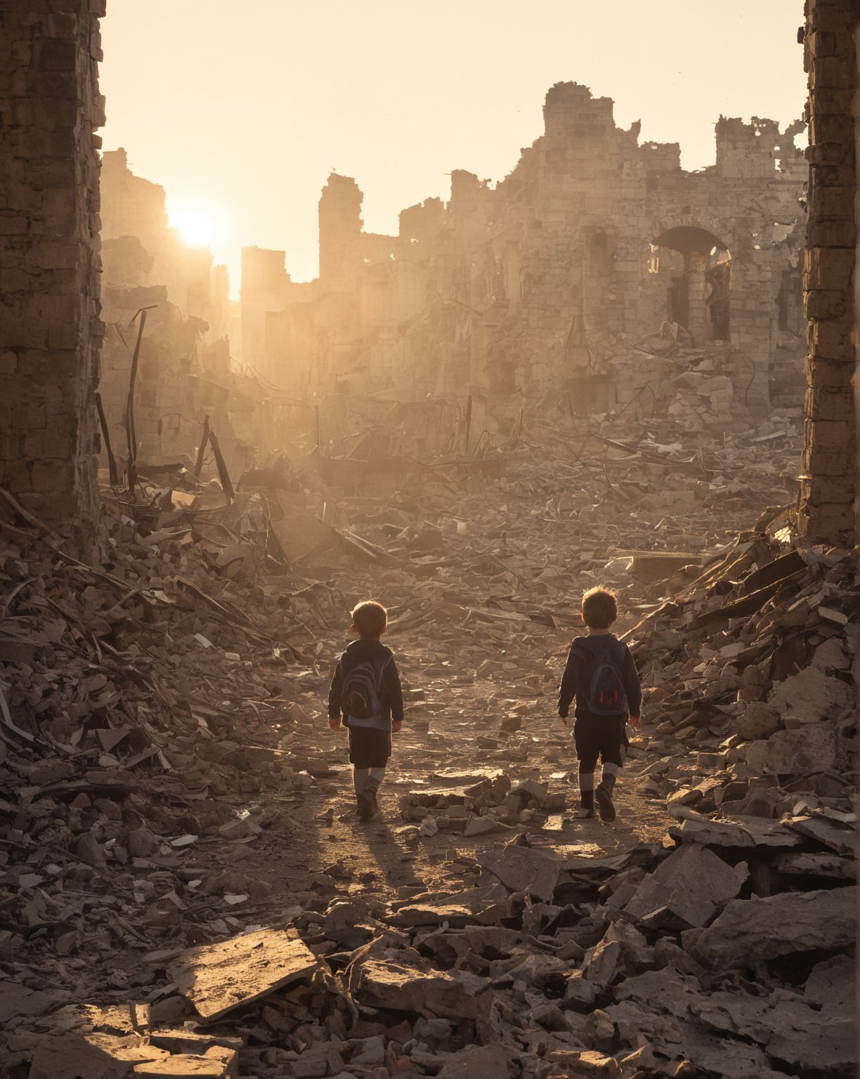 Time: Morning
Place: Among the ruins of the city, wandering through debris
Prompt: A small child, wide-eyed with curiosity, wanders through the ruins of the destroyed city in the quiet morning light. The child’s expression is one of awe as they explore the debris, stepping carefully over twisted metal and crumbling stone. In the distance, the faint outline of Arachnothrax’s fallen body can still be seen, bathed in the soft glow of dawn.