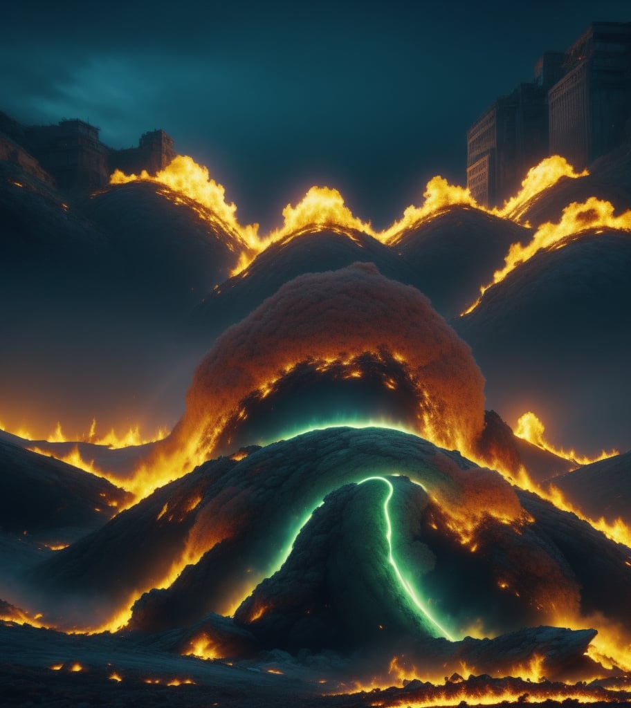 A haunting shot of a gargantuan serpent slithering through the ravaged metropolis, its luminescent eyes burning brighter as it feeds on the pandemonium. In the foreground, charred buildings crumble, flames engulfing what's left, while in the background, the behemoth's colossal form looms large over the desolate landscape. Ash falls like a grayish snow, casting an otherworldly pallor.