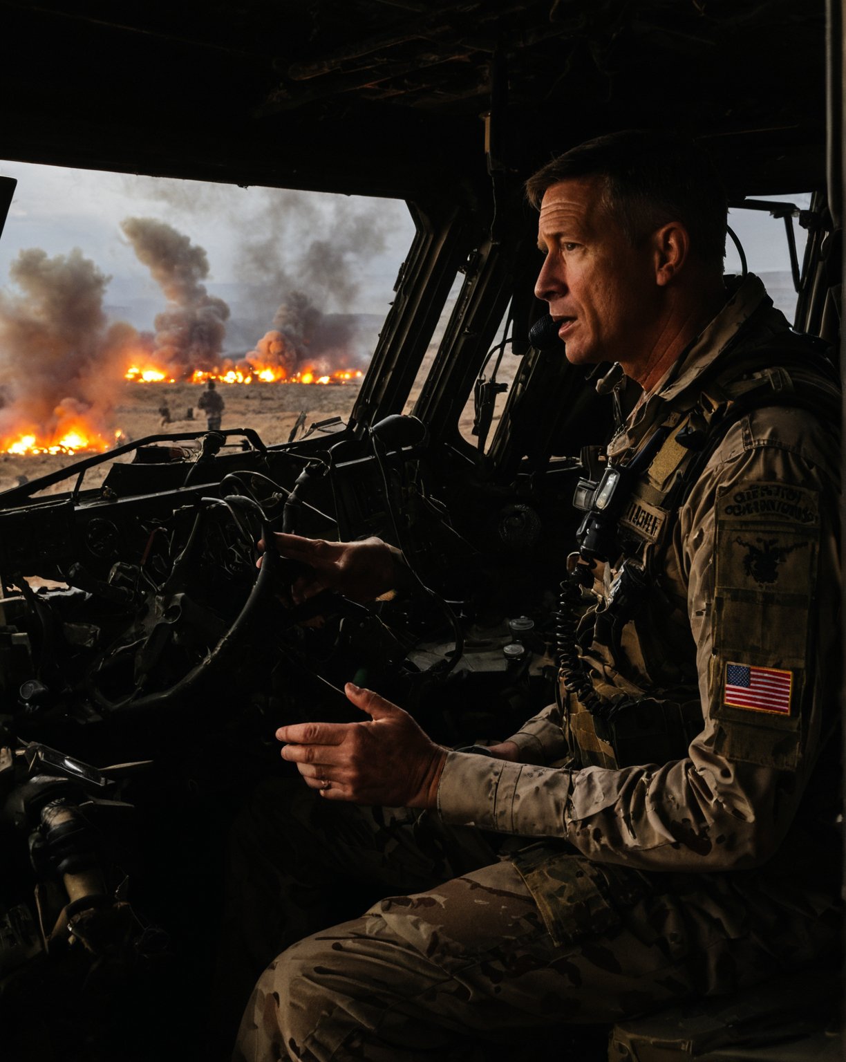 Time: Evening
Place: Inside a war-torn military vehicle, giving orders
Prompt: Commander Harris sits inside a damaged military vehicle, speaking calmly into his radio despite the chaos surrounding him. His face is calm but intense as he gives final instructions to his team. Outside, the evening sky is darkened by smoke, and flashes of light from distant explosions reflect on his face as he steers the mission forward.