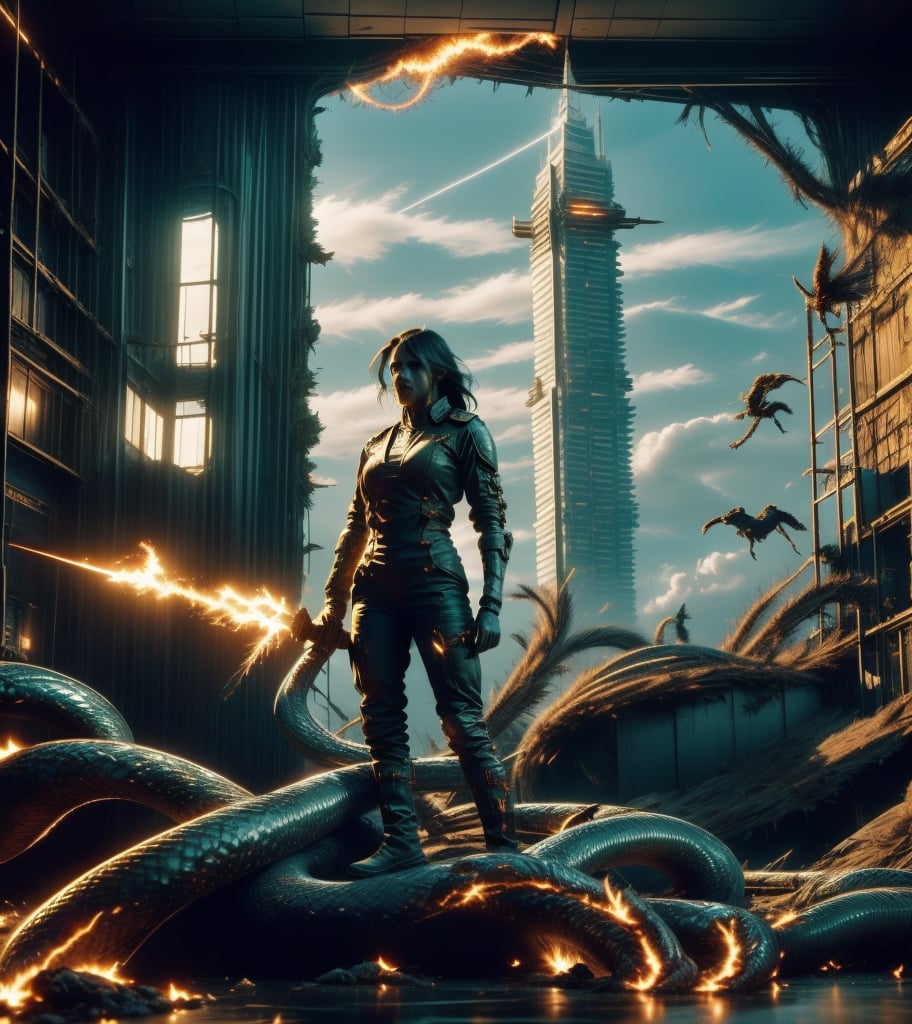 Captain Lara stands tall on a ruined skyscraper, her expression one of fierce determination. The glowing Spear of Light is mid-flight, arcing through the smoky, apocalyptic air toward the massive serpent. Behind her, the city is engulfed in flames, but she is focused entirely on the creature as it prepares to strike.