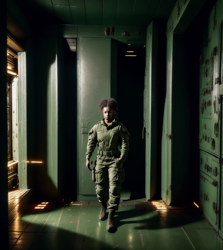 Captain Lara, a fierce and determined soldier in her early 30s, stands in front of her locker, preparing for the dangerous mission. Her face is intense, focused as she straps on body armor and checks her weapons. The military bunker is dark, with only the dim green lights casting shadows on the cold metal walls.