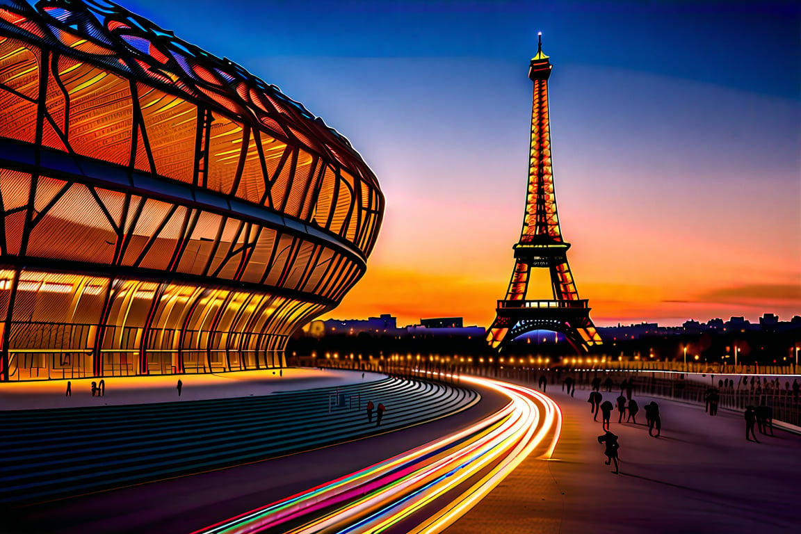 Golden light of dusk casts a warm glow on the majestic Eiffel Tower's iron latticework in backdrop as it rises majestically behind a gleaming 'PARIS 2024' logo sculpture. In the foreground, athletes pose triumphantly amidst the City of Light's vibrant atmosphere, the stadium's seating areas and tracks bathed in soft, evening illumination.