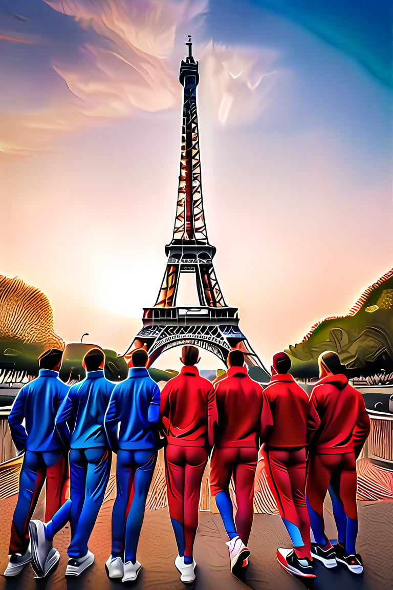 A majestic shot: Against the iconic Eiffel Tower's iron lacework, athletes from Paris Olympic Games stand in unison against a warm evening sky, vibrant uniforms popping against the soft blue tones. A bold banner unfurls behind them, emblazoned with 'PARIS 2024' in striking red letters, echoing the tower's grandeur. Athletes' determined faces and strong poses exude unity and strength as they proudly display their country's flag, set amidst the City of Light's most recognizable landmark.