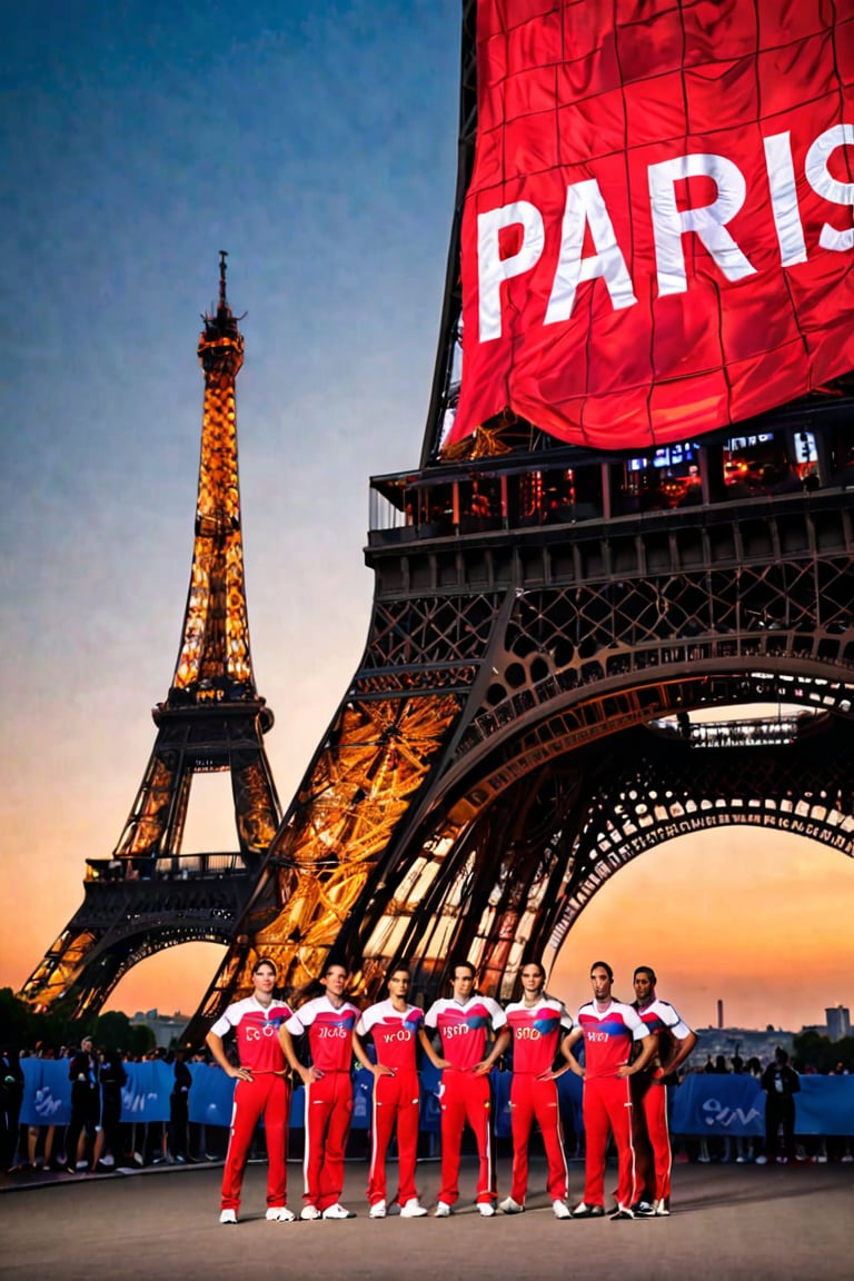 A majestic shot: Against the iconic Eiffel Tower's iron lacework, athletes from Paris Olympic Games stand in unison against a warm evening sky, vibrant uniforms popping against the soft blue tones. A bold banner unfurls behind them, emblazoned with 'PARIS 2024' in striking red letters, echoing the tower's grandeur. Athletes' determined faces and strong poses exude unity and strength as they proudly display their country's flag, set amidst the City of Light's most recognizable landmark.