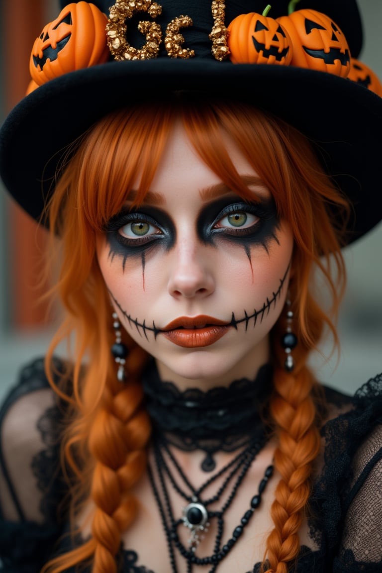 upper body portrait of 15yo cute girl with Halloween heavy makeup on face, in Gothic Haloween costume and hat,higly detailed skin texture ,(looking at camera:1.5),(gothic),fractal punk, orange braid hair, matte painting portrait shot, beautiful girl, pink fair skin, she is dressed in Halloween clothes, Pumpkin motif accessories,necklace and earrings, Halloween atmosphere, heavy makeup,orange theme