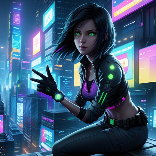 A lone female hacker with medium black hair and green eyes,  perched on a rooftop,  her fingers dancing across a holograph...