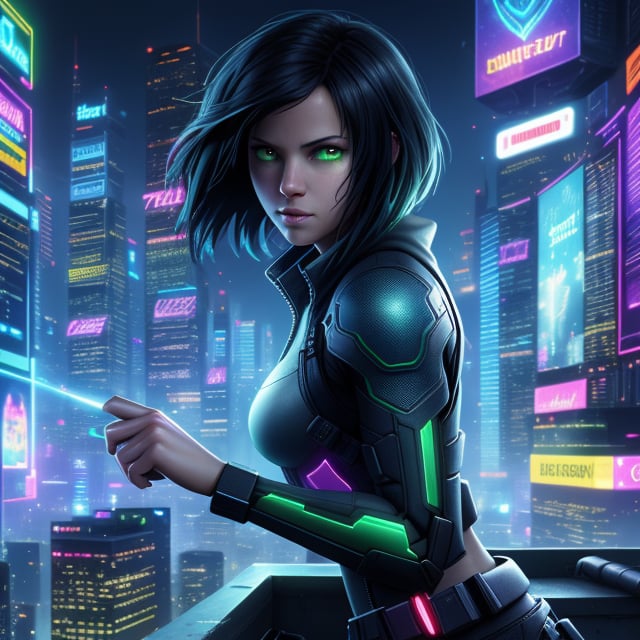 A lone female hacker with medium black hair and green eyes,  perched on a rooftop,  her fingers dancing across a holograph...