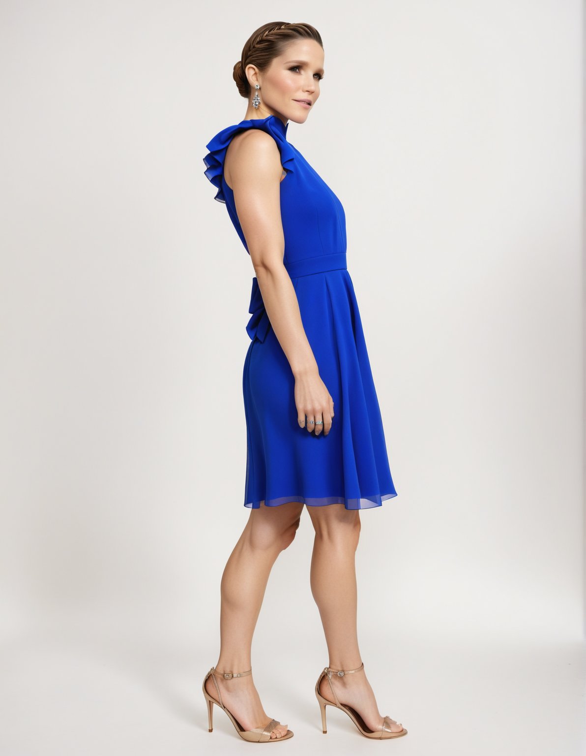 Sophia Bush wears Royal Blue Dress with her bun side view.